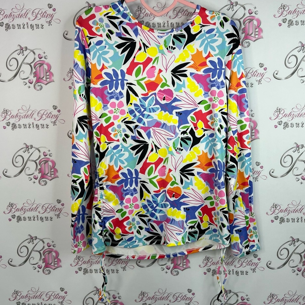 Caribbean Joe rash guard swim shirt long sleeve sun screen Multicolor Floral Top
